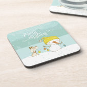 クリスマスの冬のシーンで小さな雪だるまと犬 コースター (左側)