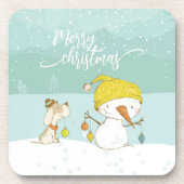 クリスマスの冬のシーンで小さな雪だるまと犬 コースター (正面)
