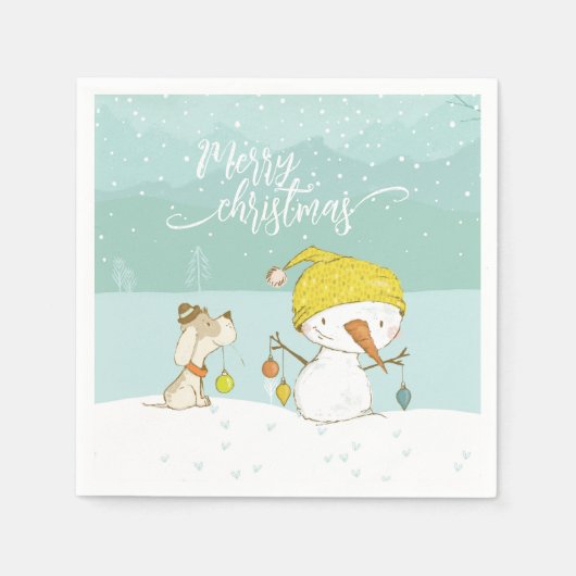 クリスマスの冬のシーンで小さな雪だるまと犬 スタンダードカクテルナプキン (正面)