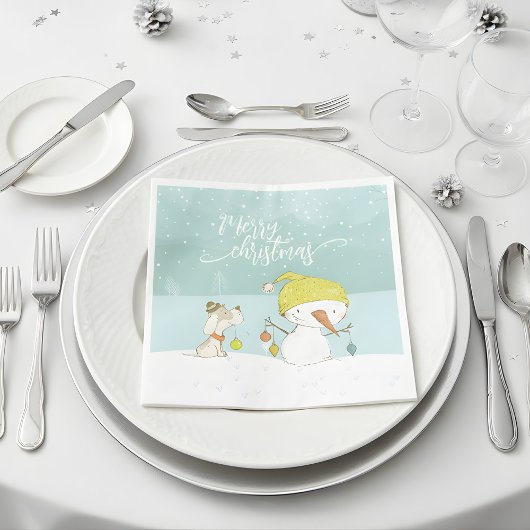 クリスマスの冬のシーンで小さな雪だるまと犬 スタンダードカクテルナプキン