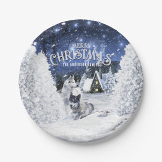 クリスマスの冬のファンタジー、雪の中の狼 - ペーパープレート
