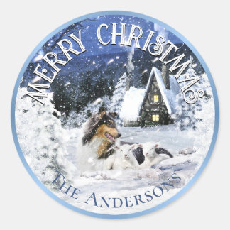 クリスマスの冬のフェアリーテイル、三色コリー犬 - ラウンドシール