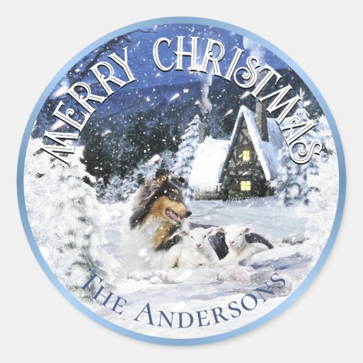 クリスマスの冬のフェアリーテイル、三色コリー犬 - ラウンドシール (正面)
