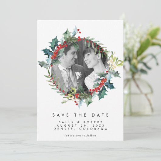 クリスマスの冬の写真の結婚式は、デートカードを除いて サンキューカード (スタンド正面)