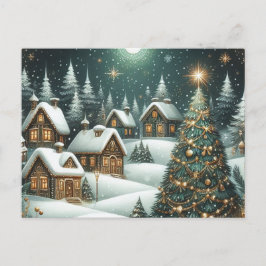 クリスマスの冬の情景の村と星空の夜 ポストカード