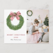 クリスマスの冬の松のリースのストライプの赤いリボンの写真 シーズンポストカード (正面)