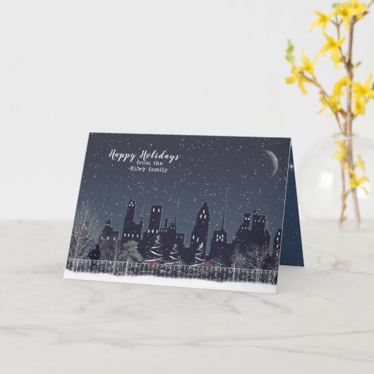 クリスマスの冬の街のシルエット カード (黄色い花)