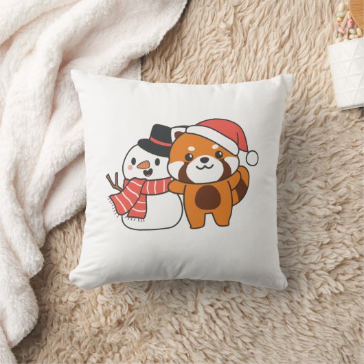 クリスマスの冬の雪だるま付き赤パンダ クッション (ブランケット)