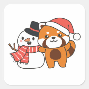 クリスマスの冬の雪だるま付き赤パンダ スクエアシール