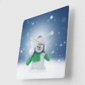 クリスマスの冬の雪だるま滑りやすいジョー緑のスカーフm スクエア壁時計 (傾斜)