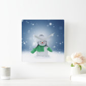 クリスマスの冬の雪だるま滑りやすいジョー緑のスカーフm スクエア壁時計 (ホーム)