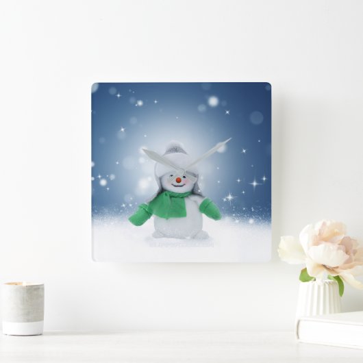 クリスマスの冬の雪だるま滑りやすいジョー緑のスカーフm スクエア壁時計 (ホーム)