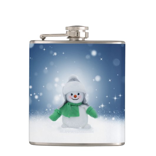 クリスマスの冬の雪だるま滑りやすいジョー緑のスカーフm フラスク (正面)