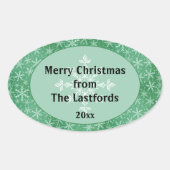 クリスマスの冬の雪の雪の花が降る緑 楕円形シール (正面)