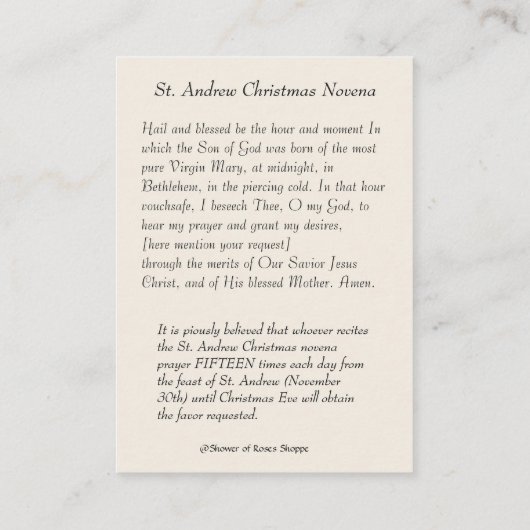 クリスマスの出生のNovenaのイエス・キリストメリーの神聖なカード 名刺 (裏面)