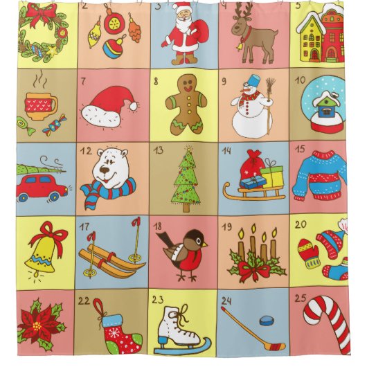 クリスマスの到来: Doodle要素コレクション シャワーカーテン (正面)