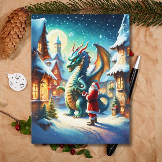 クリスマスの北極圏でサンタとドラゴンが遭遇 ai シーズンポストカード