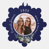 クリスマスの友人の写真ネイビーブルーコーンパイン オーナメントカード (正面)