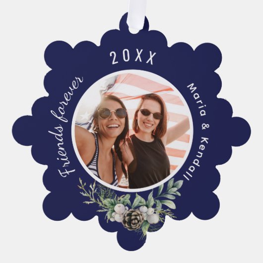 クリスマスの友人の写真ネイビーブルーコーンパイン オーナメントカード (正面)