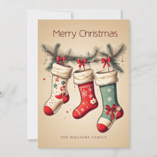 クリスマスの古典的なストッキング ピンリーフ ホリデー シーズンカード (正面)