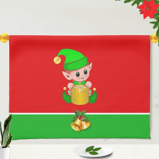 クリスマスの可愛いエルフ 緑と赤 キッチンタオル