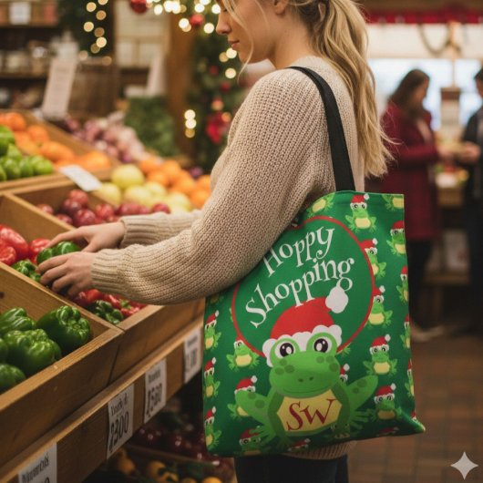 クリスマスの可愛いカエル サンタ帽 緑 おもしろ雑貨 トートバッグ
