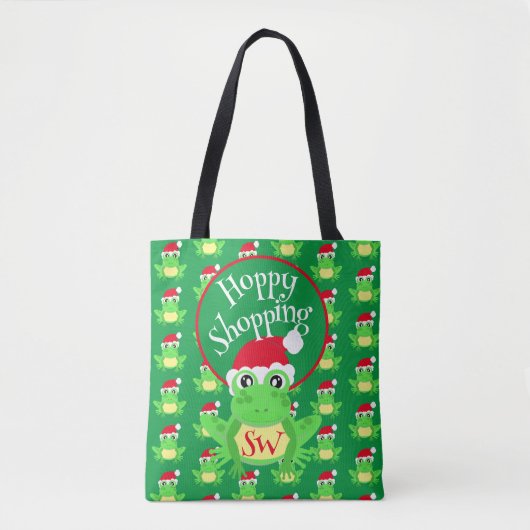 クリスマスの可愛いカエル サンタ帽 緑 おもしろ雑貨 トートバッグ (正面)