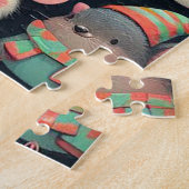 クリスマスの可愛いカラフルなネズミとプレゼントとコマドリ ジグソーパズル (側面)