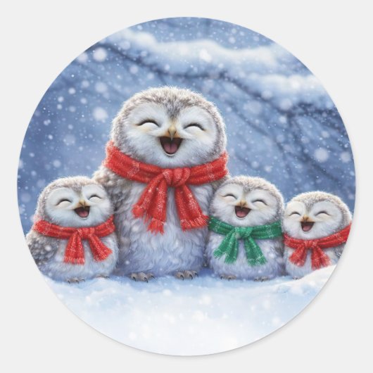 クリスマスの可愛いフクロウと雪 ラウンドシール (正面)
