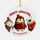 クリスマスの可愛い動物 メリークリスマス ご家族の名前 セラミックオーナメント (正面)
