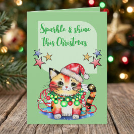 クリスマスの可愛い猫と星 緑 シーズンカード
