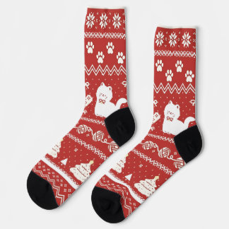 クリスマスの可愛い猫 赤 フェアアイル ホリデー ソックス