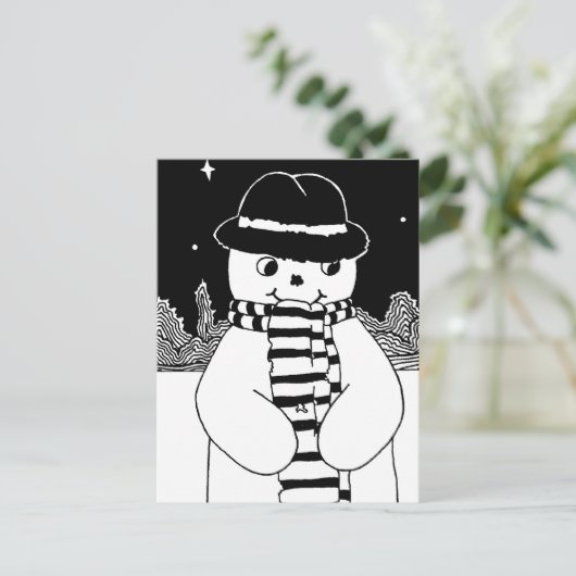 クリスマスの可愛い白黒雪だるま シーズンポストカード (スタンド正面)