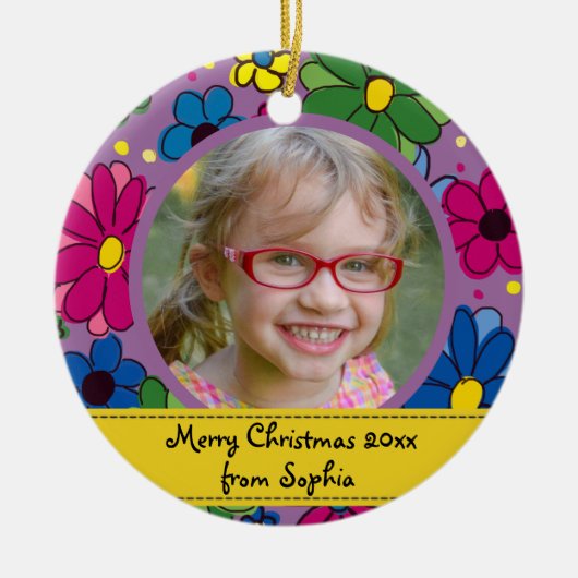 クリスマスの可愛い紫の花の子供の写真立て セラミックオーナメント (正面)