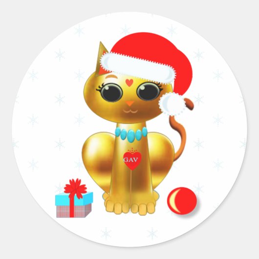クリスマスの可愛い金色の子猫のキャラクター ラウンドシール (正面)