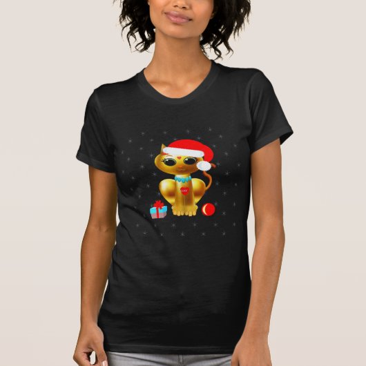 クリスマスの可愛い金色の子猫のキャラクター Tシャツ (正面)