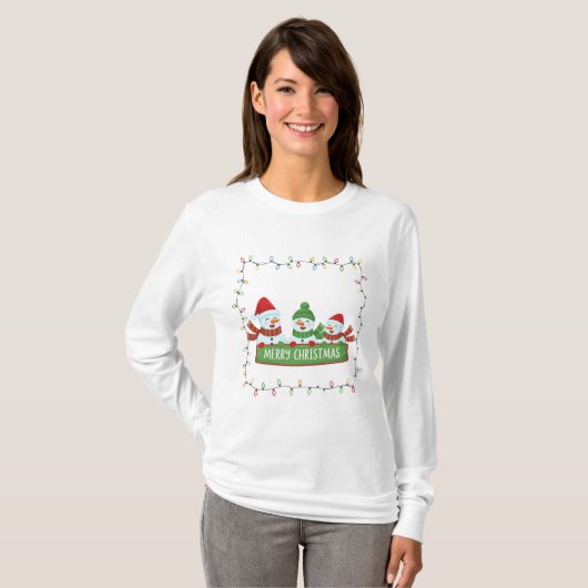 クリスマスの可愛い雪だるまのライトフレーム Tシャツ (正面フル)