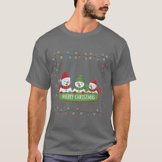 クリスマスの可愛い雪だるまのライトフレーム Tシャツ (正面)