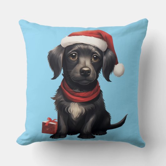 クリスマスの可愛い黒犬 クッション (正面)