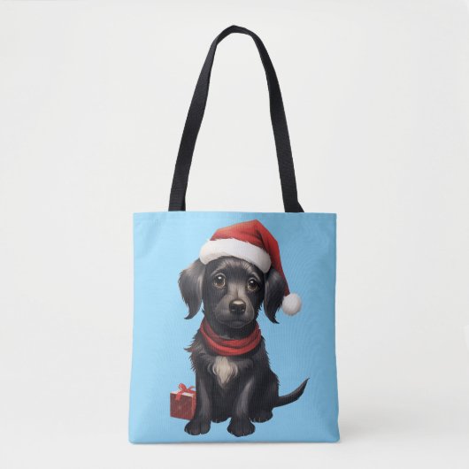 クリスマスの可愛い黒犬 トートバッグ (正面)