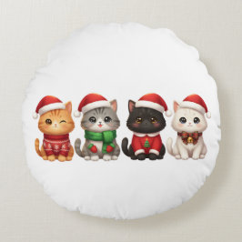 クリスマスの可愛い4匹の猫 - ホリデーキャッツデザイン ラウンドクッション
