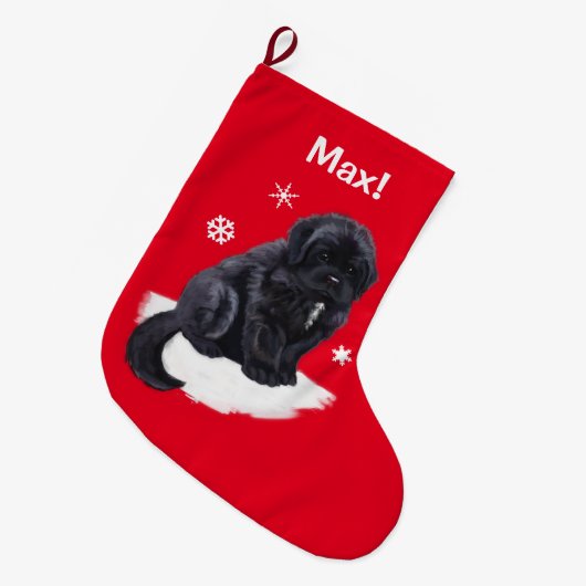 クリスマスの名前のカスタマイズ可能な赤のニューファウンドランド ラージクリスマスストッキング (正面 (吊り時))