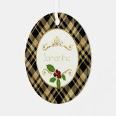 クリスマスの名前を持つブラックと金ゴールドの格子模様 メタルオーナメント (正面左)