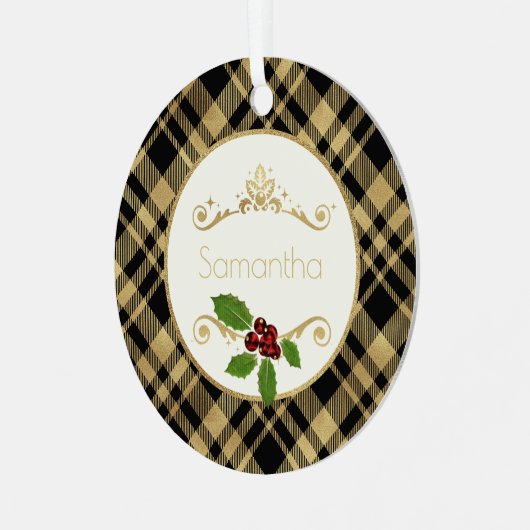 クリスマスの名前を持つブラックと金ゴールドの格子模様 メタルオーナメント (正面左)