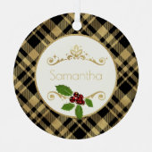 クリスマスの名前を持つブラックと金ゴールドの格子模様 メタルオーナメント (正面)