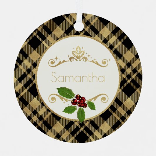 クリスマスの名前を持つブラックと金ゴールドの格子模様 メタルオーナメント (正面)