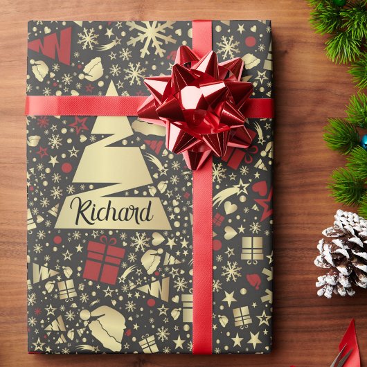 クリスマスの名前ツリーの贈り物を赤で追加 ラッピングペーパー