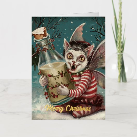 クリスマスの吸血鬼子猫とミルク瓶  箔グリーティングカード (正面)
