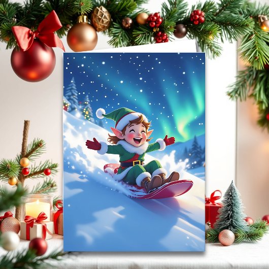 クリスマスの喜びあふれるエルフのそり遊び パーソナライズ カード