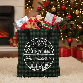 クリスマスの喜びあふれるグリーン×ブラック・バッファロー・チェック オリジナルデザイン トートバッグ